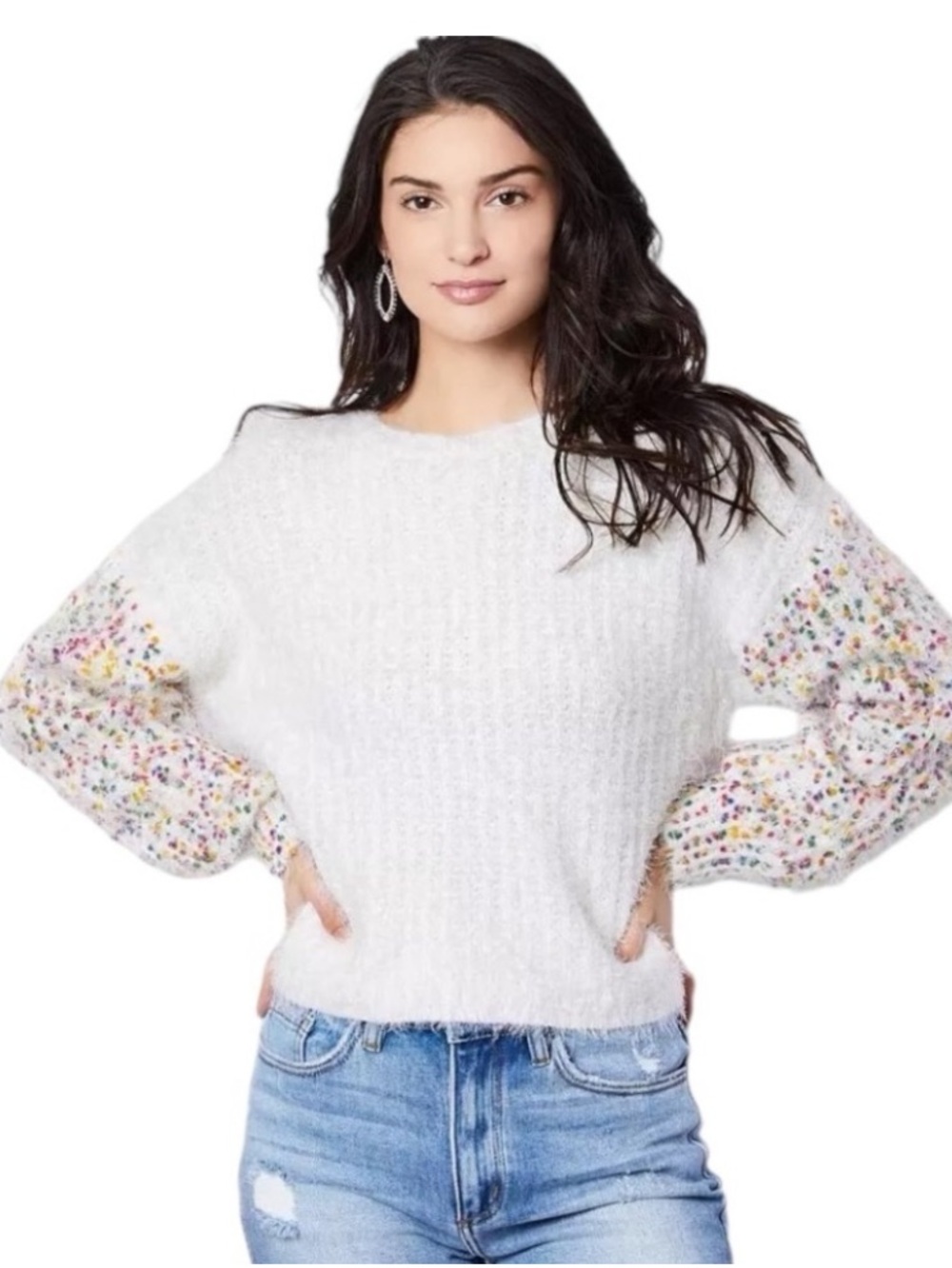 ANDTHEWHY Rainbow Flecked Blouson long Sleeve Fuzzy scoop neck Knit Sweater